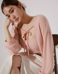 Cropped Knit Tie Front Cardigan with AIR SPACE Logo Embroidered Cami Padded Top Set Wear