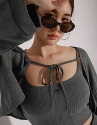 Cropped Knit Tie Front Cardigan with AIR SPACE Logo Embroidered Cami Padded Top Set Wear