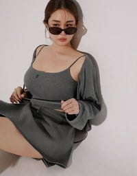 Cropped Knit Tie Front Cardigan with AIR SPACE Logo Embroidered Cami Padded Top Set Wear