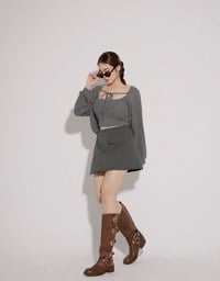 Cropped Knit Tie Front Cardigan with AIR SPACE Logo Embroidered Cami Padded Top Set Wear