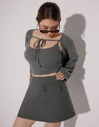 Cropped Knit Tie Front Cardigan with AIR SPACE Logo Embroidered Cami Padded Top Set Wear