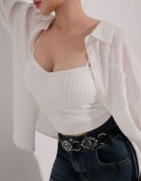 Striped Button Down Shirt Blouse with Ruched Cami Bra Top Set Wear