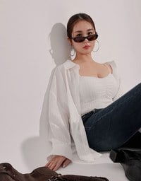 Striped Button Down Shirt Blouse with Ruched Cami Bra Top Set Wear