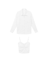 Striped Button Down Shirt Blouse with Ruched Cami Bra Top Set Wear
