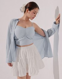 Striped Button Down Shirt Blouse with Ruched Cami Bra Top Set Wear