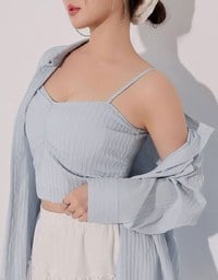 Striped Button Down Shirt Blouse with Ruched Cami Bra Top Set Wear