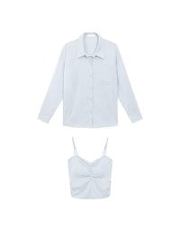 Striped Button Down Shirt Blouse with Ruched Cami Bra Top Set Wear