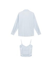 Striped Button Down Shirt Blouse with Ruched Cami Bra Top Set Wear