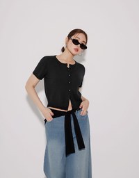 Knit Shawl Short Sleeve Crop Cardigan Top
