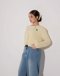 Preppy School Girl Basic Flower Long Sleeve Cardigan Knit Top