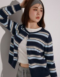 Contrast Striped Knit Button Up Cropped Cardigan