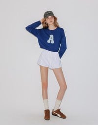 Fuzzy Letter Embroidered Cropped Knit Sweater