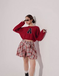 Fuzzy Letter Embroidered Cropped Knit Sweater