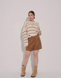 Distressed Hem Open Knit Striped Long Sleeve Sweater
