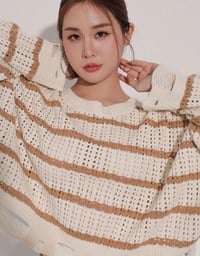 Distressed Hem Open Knit Striped Long Sleeve Sweater
