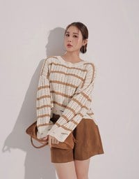 Distressed Hem Open Knit Striped Long Sleeve Sweater