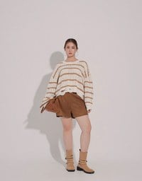 Distressed Hem Open Knit Striped Long Sleeve Sweater