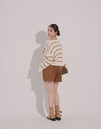 Distressed Hem Open Knit Striped Long Sleeve Sweater