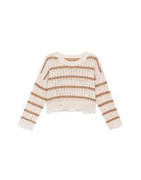 Distressed Hem Open Knit Striped Long Sleeve Sweater