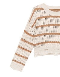 Distressed Hem Open Knit Striped Long Sleeve Sweater