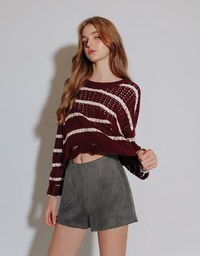 Distressed Hem Open Knit Striped Long Sleeve Sweater