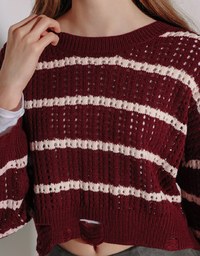 Distressed Hem Open Knit Striped Long Sleeve Sweater