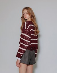 Distressed Hem Open Knit Striped Long Sleeve Sweater