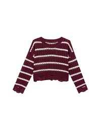 Distressed Hem Open Knit Striped Long Sleeve Sweater
