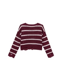 Distressed Hem Open Knit Striped Long Sleeve Sweater