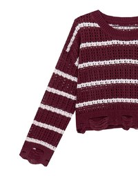 Distressed Hem Open Knit Striped Long Sleeve Sweater