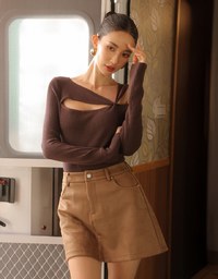 Asymmetrical Cut Out Ribbed Knit Long Sleeve Top
