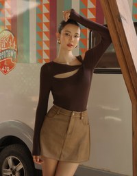 Asymmetrical Cut Out Ribbed Knit Long Sleeve Top