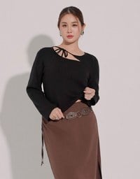 【Ling Cheng Design】Asymmetric Front Tie Knit Long Sleeve Top