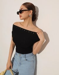 Off Shoulder Studded Detail Crop Fitted Top
