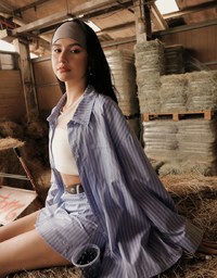 Oversized Striped Long Sleeve Shirt with Single Pocket