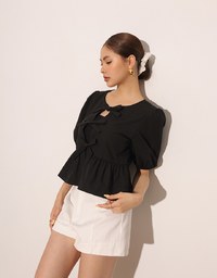 Puff Sleeve Bow Tie Peplum Hem Crop Top
