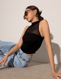 Sheer Mock Neck Sleeveless Tank Top with Side Ruching