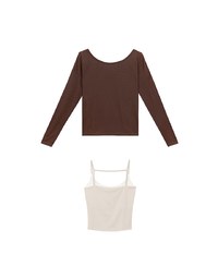 Sheer Knit Off Shoulder Long Sleeve Top and Contrast Strappy Camisole Set Wear