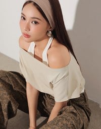 Faux 2 Piece Off Shoulder Contrast Hem Knit Crop Top