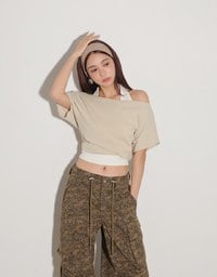Faux 2 Piece Off Shoulder Contrast Hem Knit Crop Top
