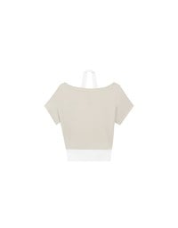 Faux 2 Piece Off Shoulder Contrast Hem Knit Crop Top