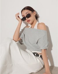 Faux 2 Piece Off Shoulder Contrast Hem Knit Crop Top