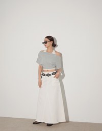 Faux 2 Piece Off Shoulder Contrast Hem Knit Crop Top