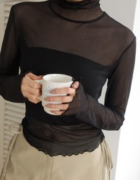 Turtleneck Sheer Ruffle Trim Top - Plain / Polka Dot Design