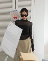 Turtleneck Sheer Ruffle Trim Top - Plain / Polka Dot Design