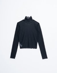 Turtleneck Sheer Ruffle Trim Top - Plain / Polka Dot Design