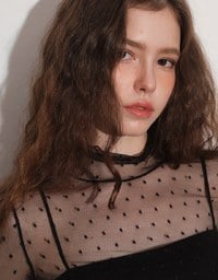 Turtleneck Sheer Ruffle Trim Top - Plain / Polka Dot Design