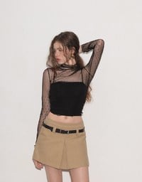 Turtleneck Sheer Ruffle Trim Top - Plain / Polka Dot Design