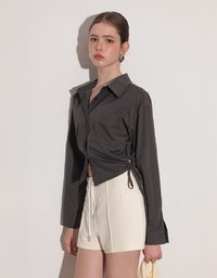 Side Drawstring Detail Collared Button Down Shirt Blouse