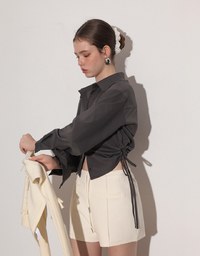 Side Drawstring Detail Collared Button Down Shirt Blouse